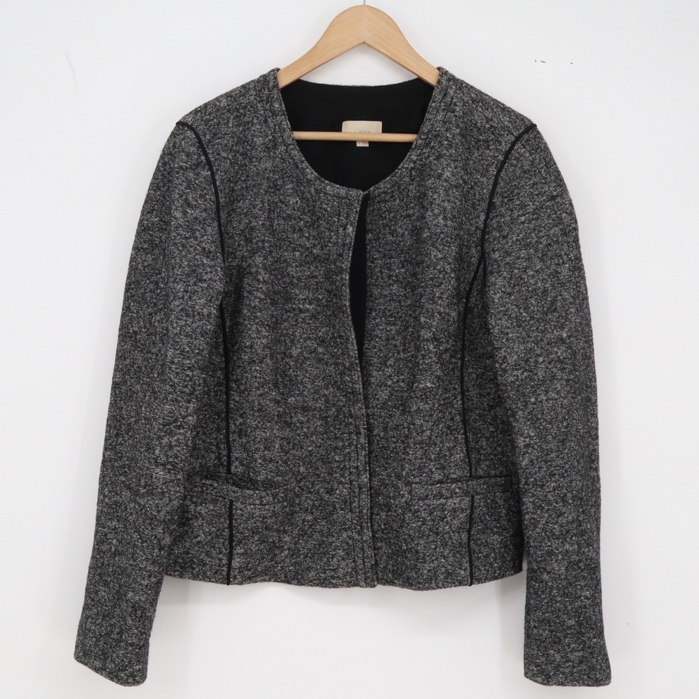 LOFT Wool Jacket Womens 14 Collarless Gray Black Piped Open Front Excellent